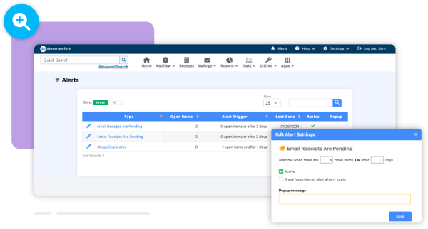 Mockup of the DonorPerfect task manager screen