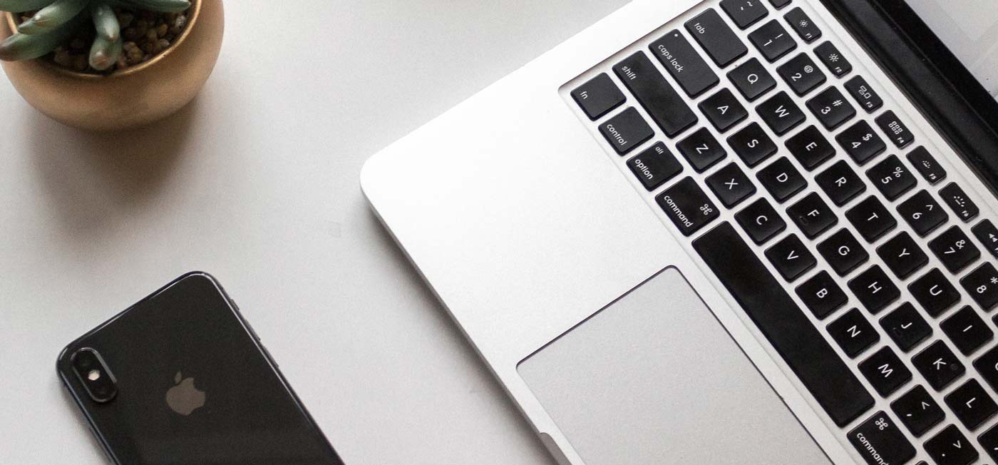 Laptop and phone on desk with plant