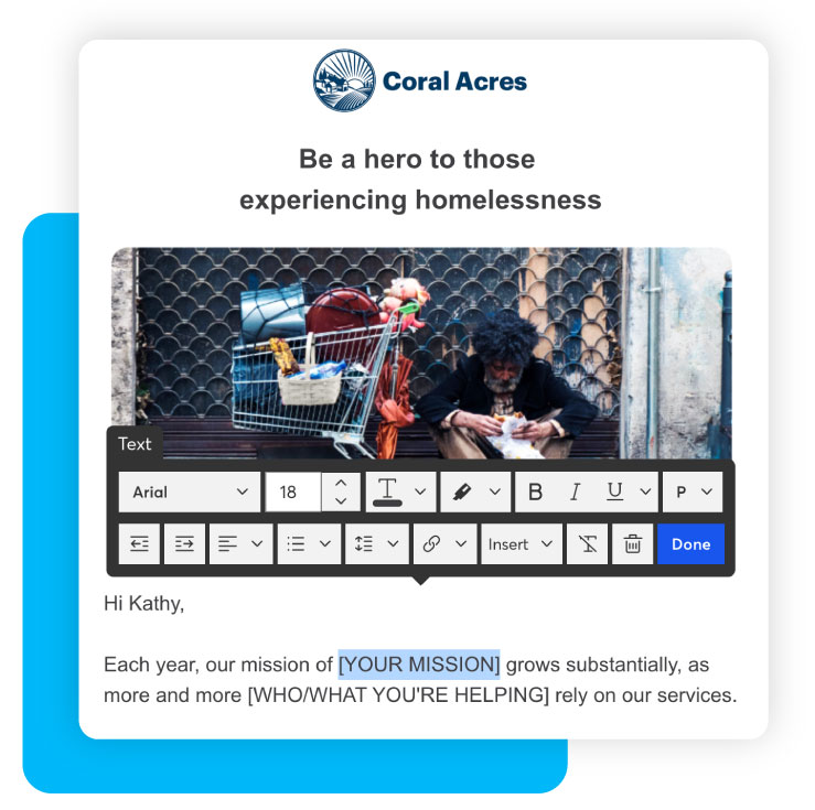 Constant Contact Email Editor, email sharing impact story being edited