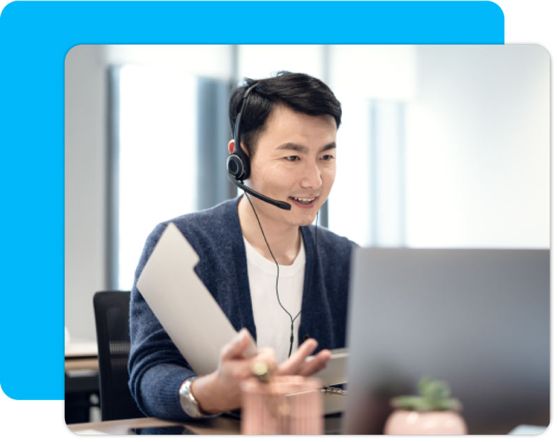 Customer service representative on a call with a DonorPerfect Client