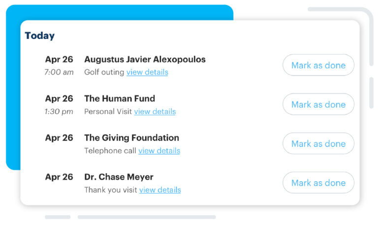 A preview of scheduled outreach in DonorPerfect.