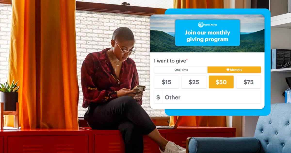 Person on phone looking at monthly giving form