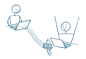 Stick figure illustration - person sending and another person receiving online donation