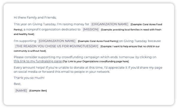 Giving Tuesday email template mockup for crowdfunders