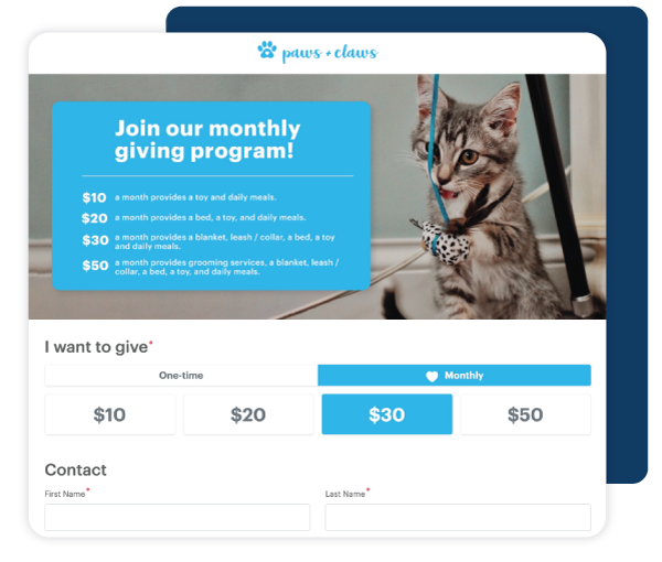 DonorPerfect Donation form featuring monthly giving