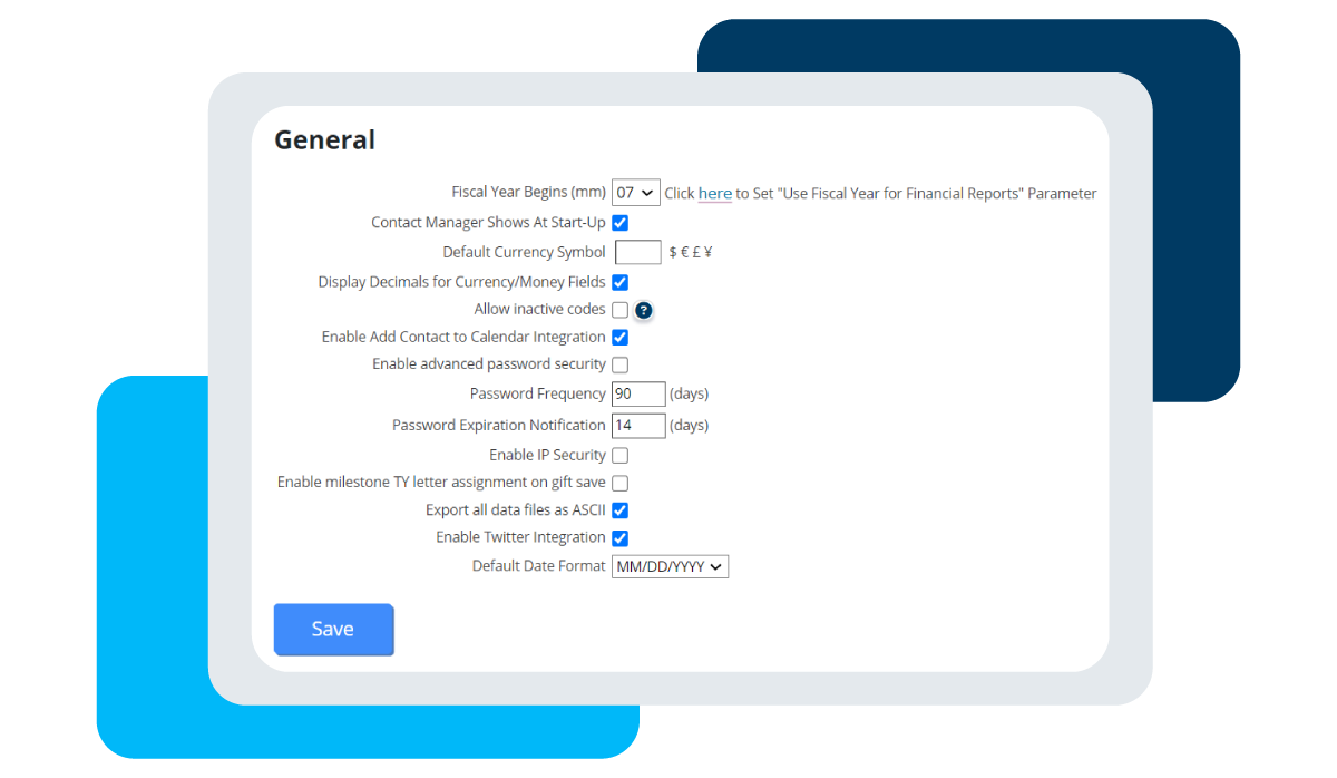 DonorPerfect password parameter options in the backend.