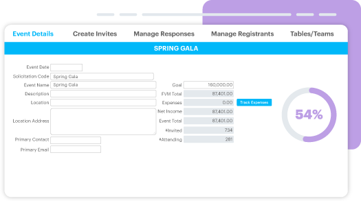 Example of an event details panel in DonorPerfect, depicting the data of a Gala. 